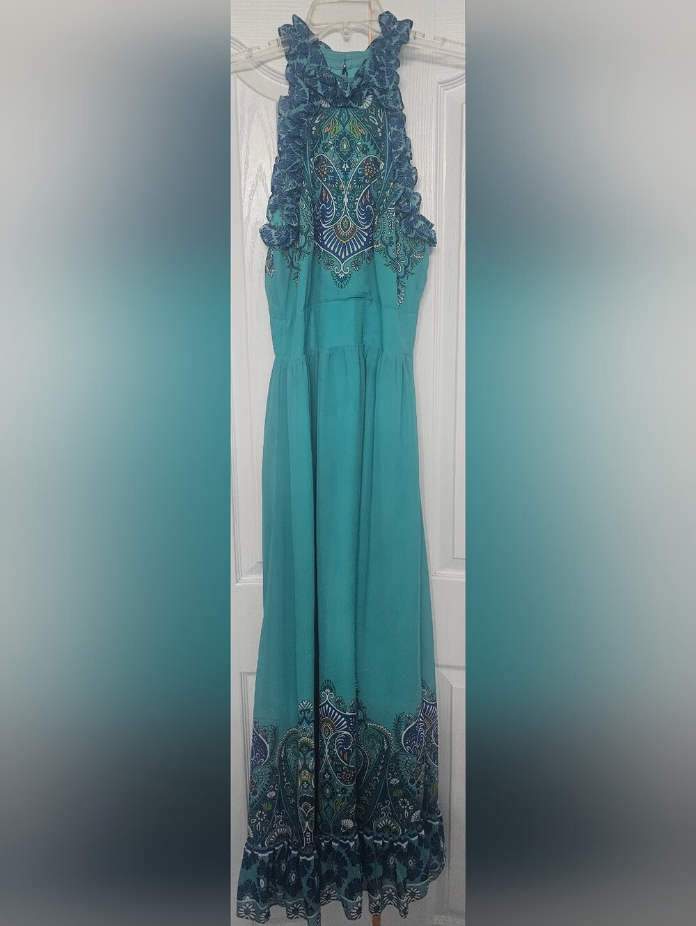 Boston Proper Blue Multi Paisley Print Ruffle High Neck Maxi Dress size 6 - Picture 4 of 11